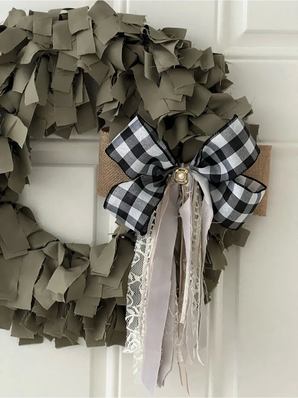 Farmhouse Neutral green  Rag Wreath with Black Buffalo Check Bow - Home